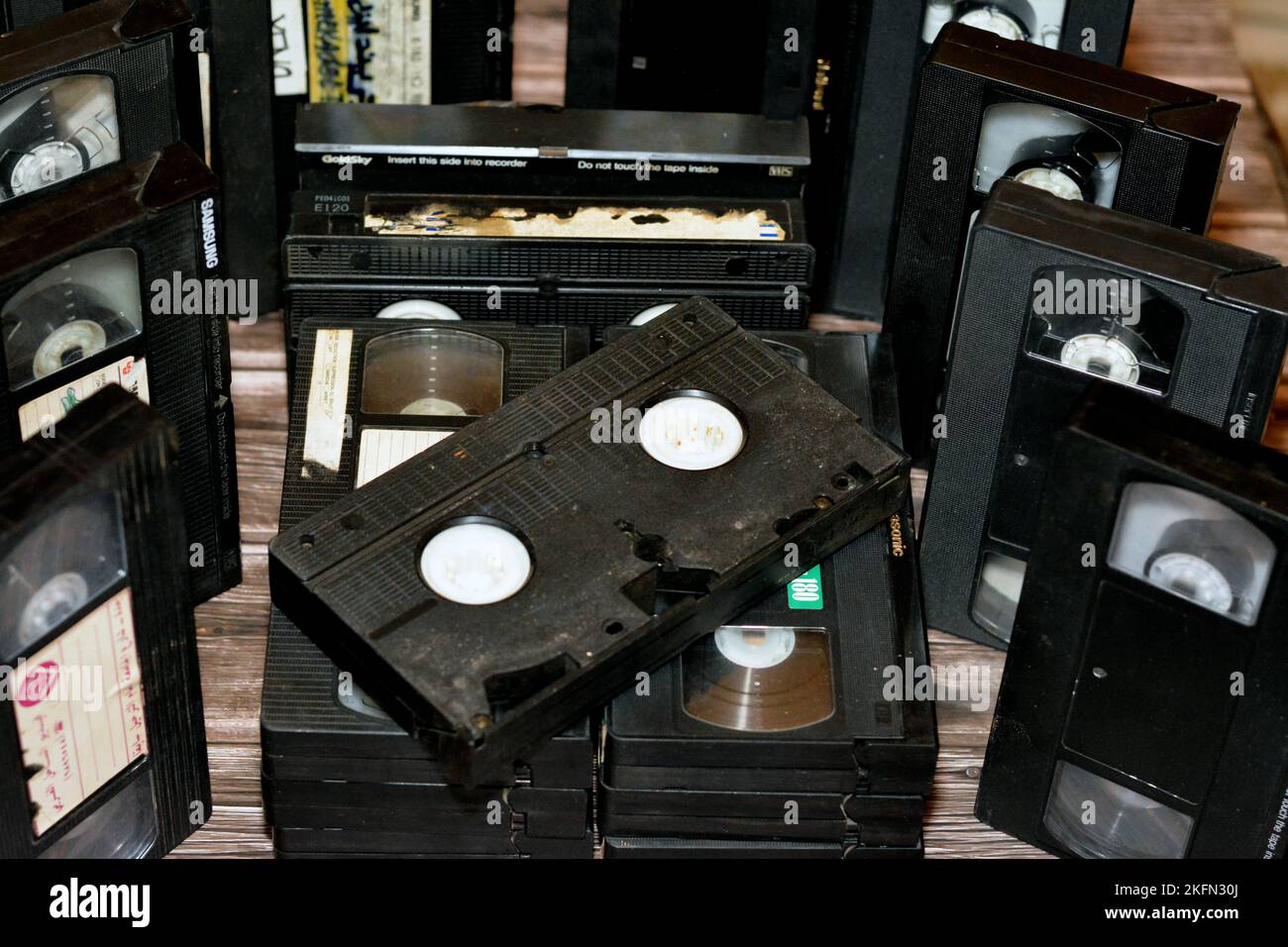 Cairo, Egypt, October 18 2022 pile of VHS video cassette tapes with