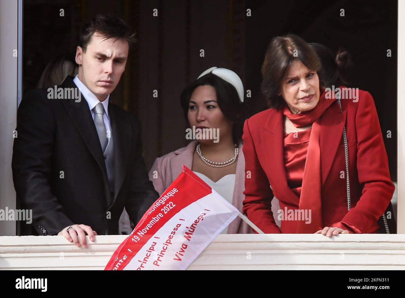Louis Ducruet, Camille Gottlieb, Pauline Ducruet, Marie Chevalier, Princess Stephanie of Monaco are attending the parade at the palace balcony during the celebration for the National Day on November 19, 2022 in Monaco Ville, Principality of Monaco. Photo by Marco Piovanotto/IPA - NO TABLOIDS Stock Photo