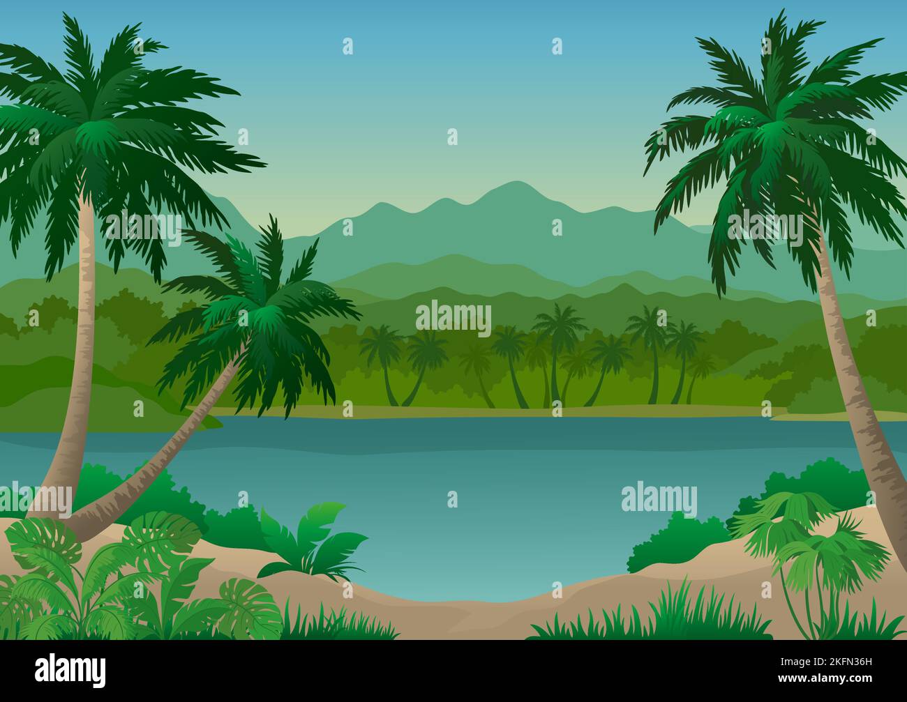Exotic Sea Landscape, Tropical Island with Palm Trees and Mountains ...