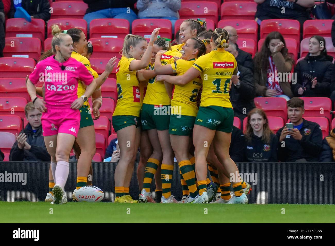 Manchester, UK. 18th Nov, 2022. Jessica Sergis of Australia (11) celebrates with team mates after she scores the opening try during the 2021 Women's Rugby League World Cup Final match between Australia and New Zealand at Old Trafford, Manchester, England on 19 November 2022. Photo by David Horn. Credit: PRiME Media Images/Alamy Live News Stock Photo