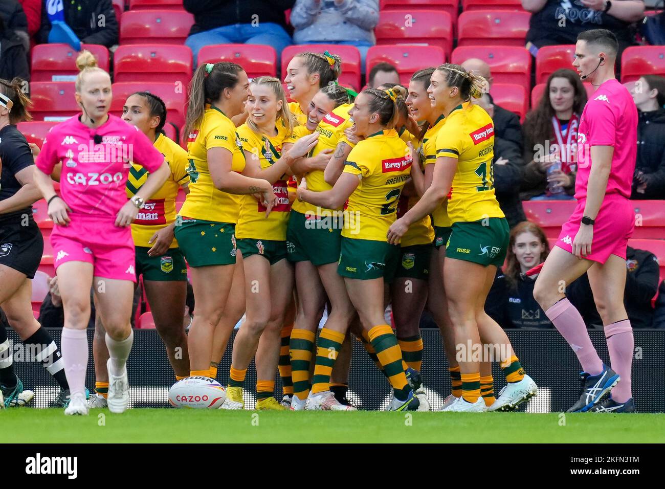 Manchester, UK. 18th Nov, 2022. Jessica Sergis of Australia (11) celebrates with team mates after she scores the opening try during the 2021 Women's Rugby League World Cup Final match between Australia and New Zealand at Old Trafford, Manchester, England on 19 November 2022. Photo by David Horn. Credit: PRiME Media Images/Alamy Live News Stock Photo