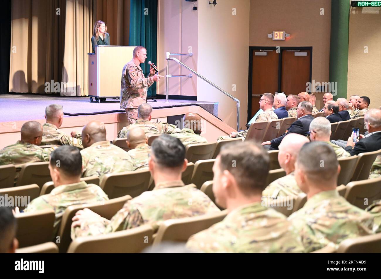 Maj. Gen. Kenneth Kamper, answers questions during the Air Defense Artillery Symposium at Fort Sill, Oklahoma.    Our theme for this year’s symposium is “ADA for Army 2030 - Enabling the Maneuver Commander.” This theme originates from Air Defense’s significant growth and modernization efforts to provide additional capability and capacity to the operational force. Invited speakers include senior leaders of the Army with vast AMD experience to include General James Dickinson, LTG Daniel Karbler, MG Sean Gainey, and the AAMDC Commanders. Additionally, LTG Donahue will provide a Corps Commander's Stock Photo