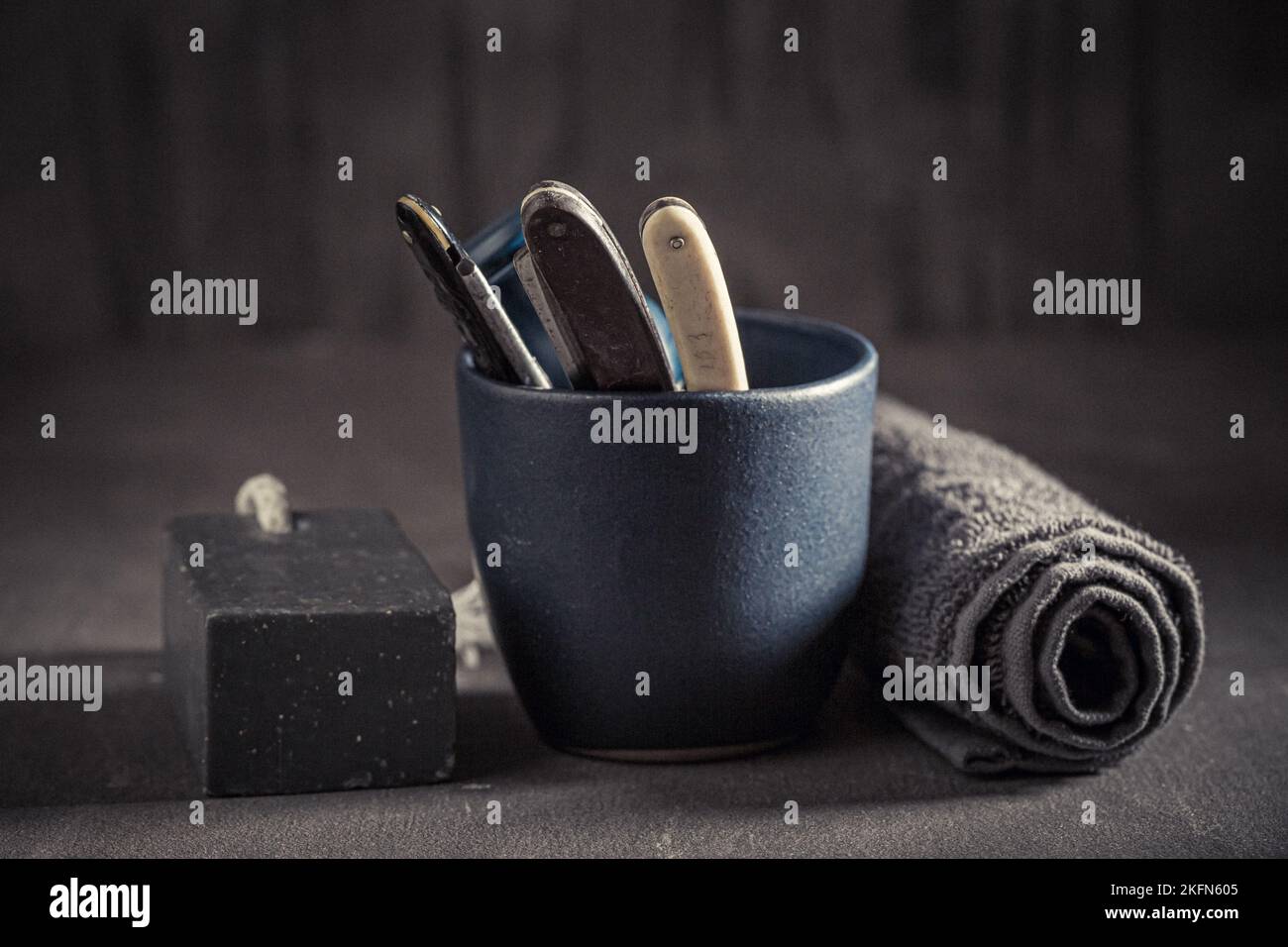 Old and unique tools for shave with razor and brush. Classic shaving