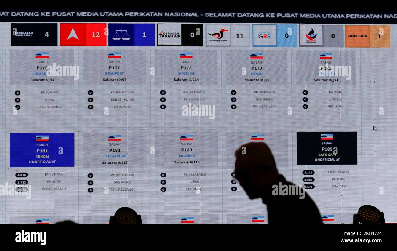A man walks past a screen showing live results of Malaysia's 15th general election, at a hotel in Shah Alam, Malaysia November 19, 2022. REUTERS/Lai Seng Sin Stock Photo