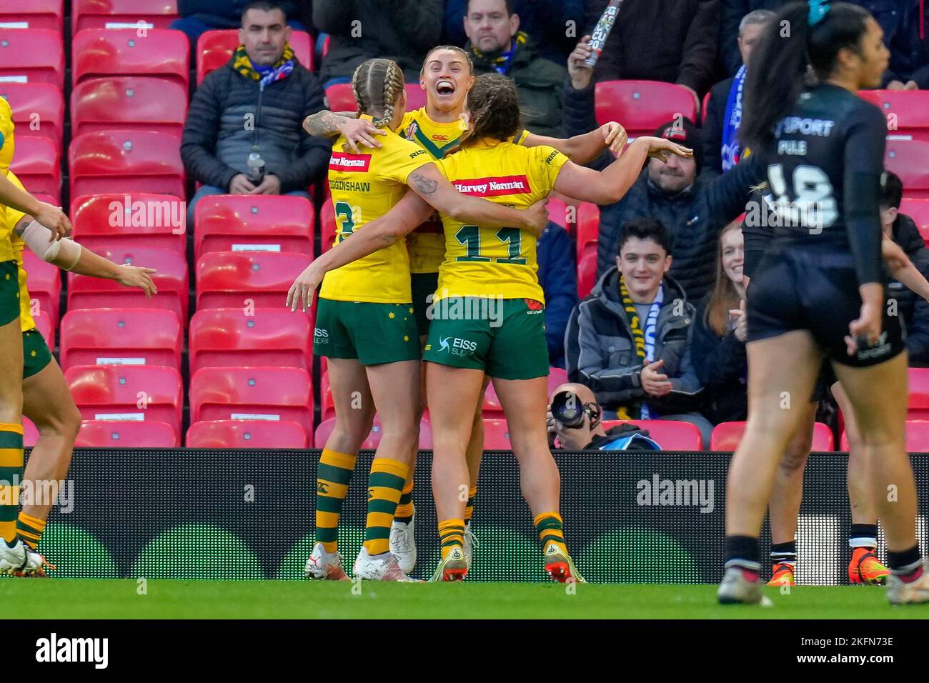 Manchester, UK. 18th Nov, 2022. Julia Robinson (centre) of Australia (10) celebrates after she scores a try during the 2021 Women's Rugby League World Cup Final match between Australia and New Zealand at Old Trafford, Manchester, England on 19 November 2022. Photo by David Horn. Credit: PRiME Media Images/Alamy Live News Stock Photo