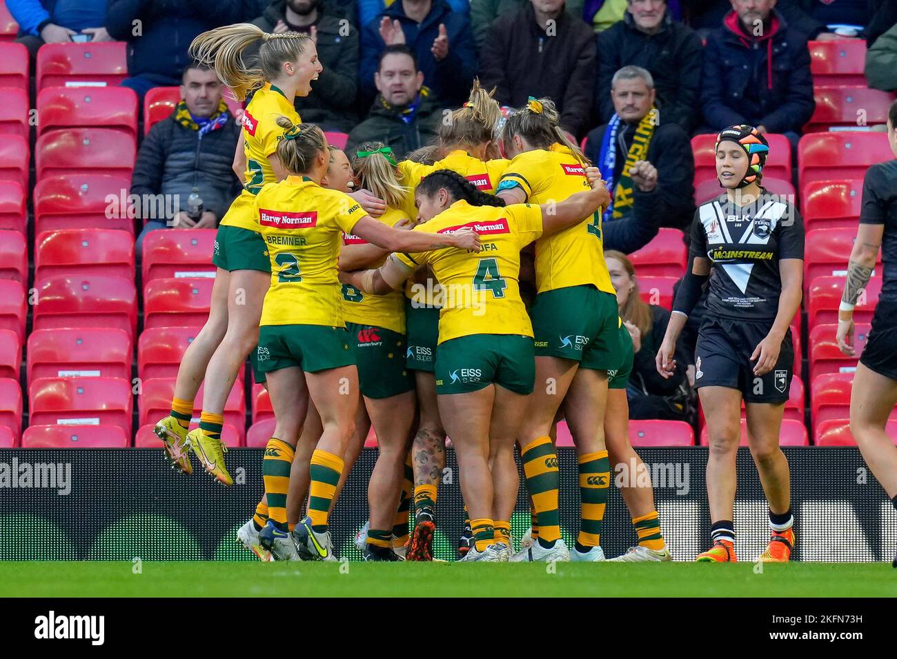 Manchester, UK. 18th Nov, 2022. Julia Robinson (centre) of Australia (10) celebrates with team mates after she scores a try during the 2021 Women's Rugby League World Cup Final match between Australia and New Zealand at Old Trafford, Manchester, England on 19 November 2022. Photo by David Horn. Credit: PRiME Media Images/Alamy Live News Stock Photo