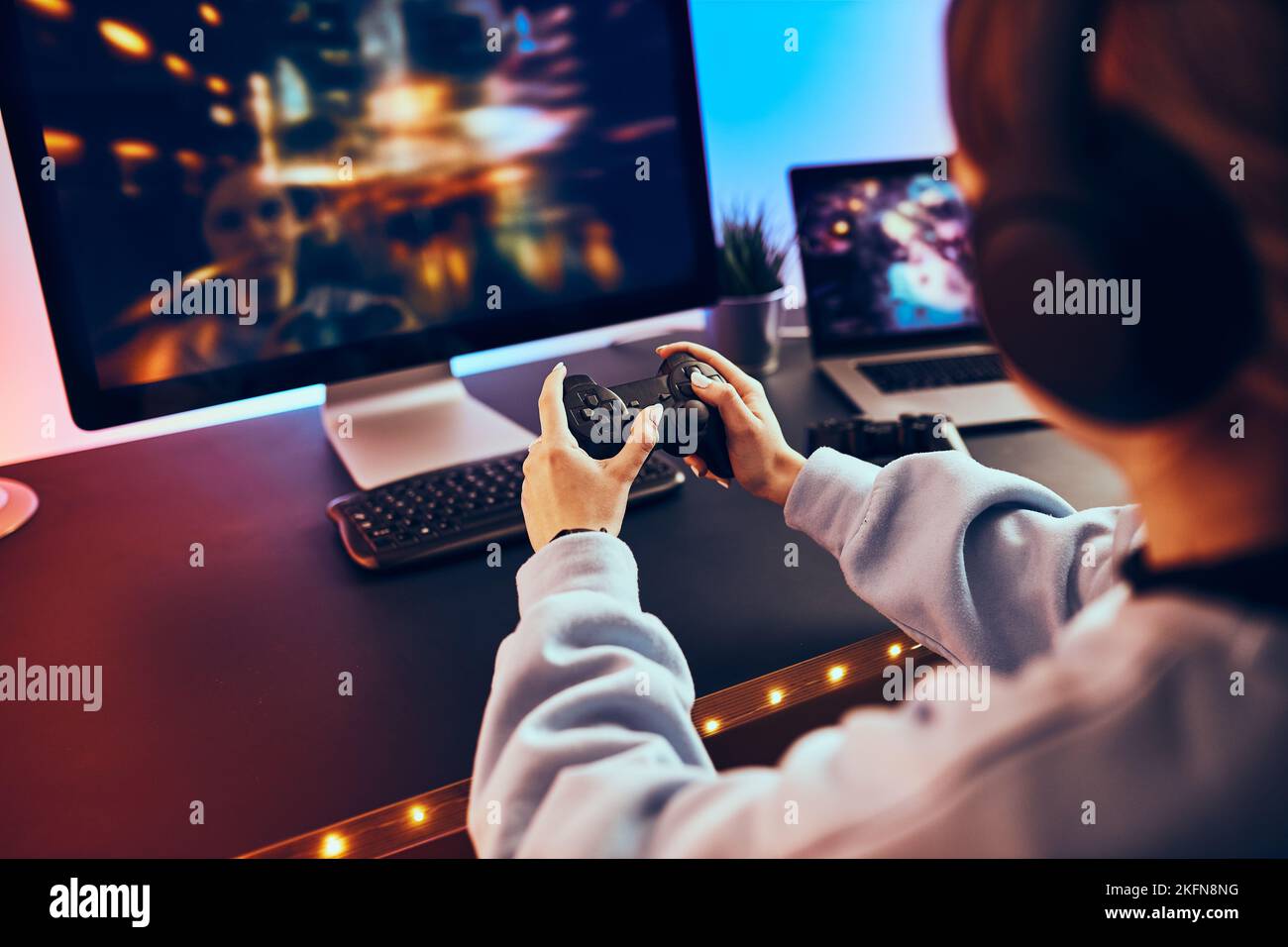 Gamer Playing Online Game on PC in Dark Room Stock Photo - Image of online,  colorful: 213130418