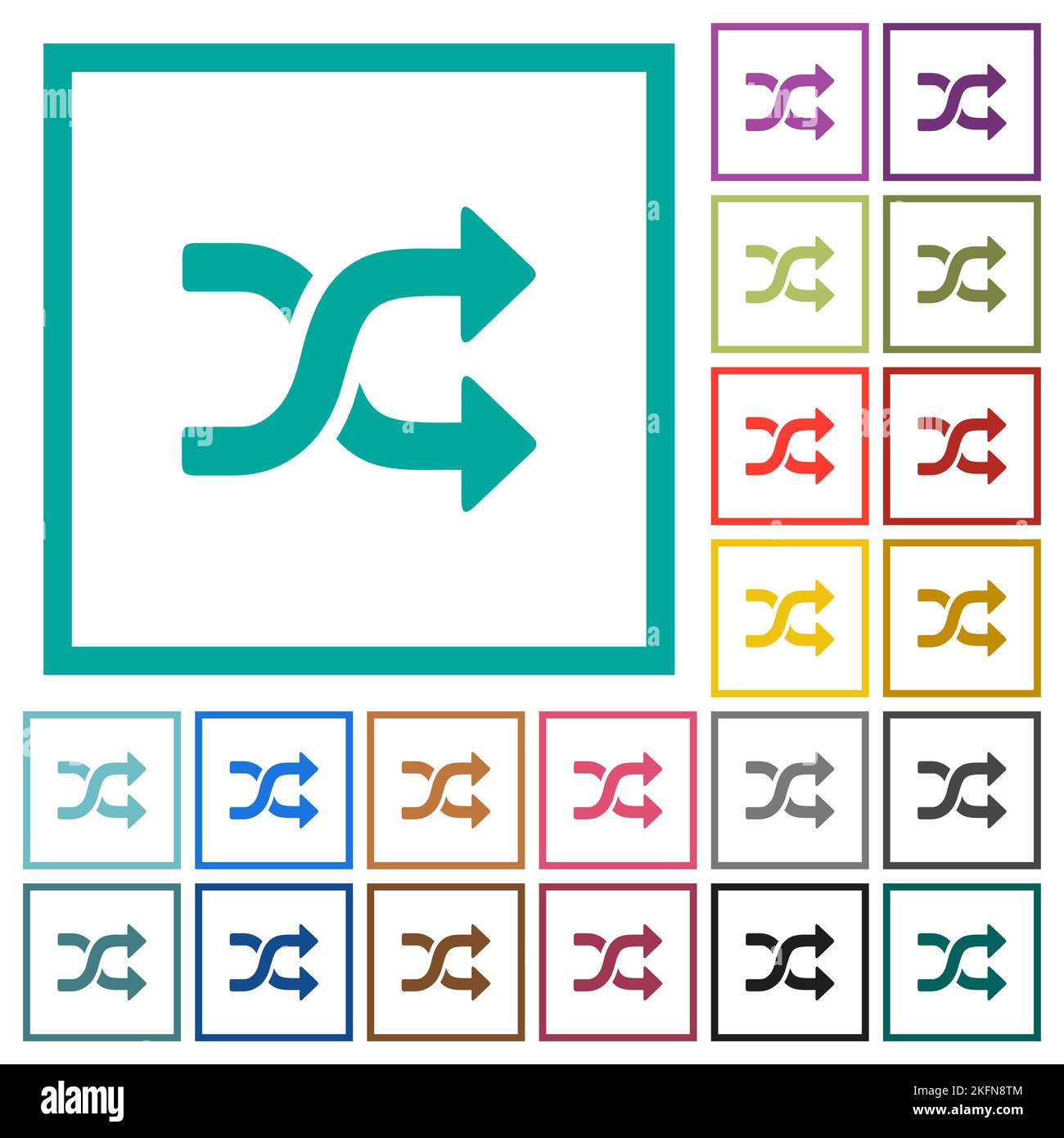 shuffle solid flat color icons with quadrant frames on white background Stock Vector