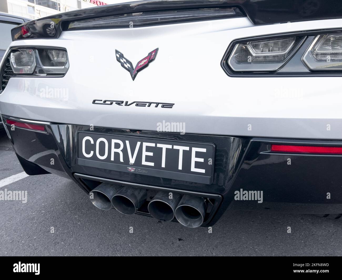 Sankt-Petersburg, Russia, October 29, 2022: Chevrolet Corvette C7 Z06 at a dealership store. Chevrolet Corvette logo. Stock Photo