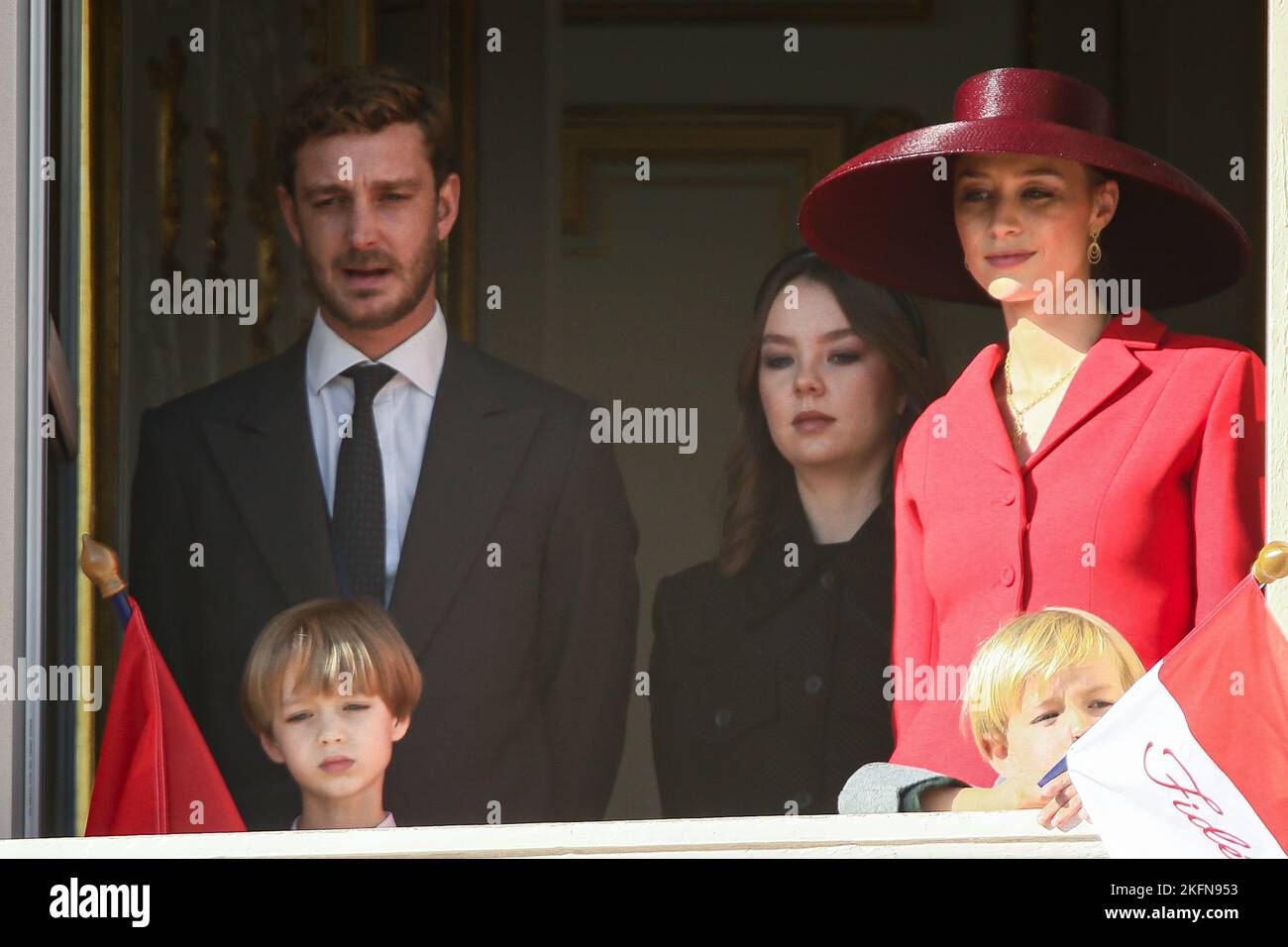 Princess Alexandra of Hanover, Pierre Casiraghi, Francesco Casiraghi, Stefano Casiraghi, Beatrice Borromeo are attending the parade at the palace balcony during the celebration for the National Day on November 19, 2022 in Monaco Ville, Principality of Monaco. Photo by Marco Piovanotto/IPA - NO TABLOIDS Stock Photo