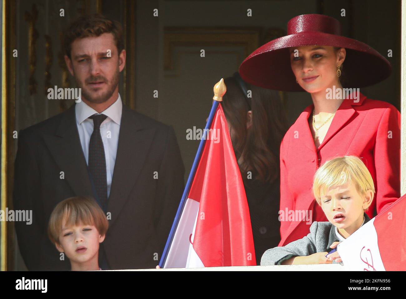 Princess Alexandra of Hanover, Pierre Casiraghi, Francesco Casiraghi, Stefano Casiraghi, Beatrice Borromeo are attending the parade at the palace balcony during the celebration for the National Day on November 19, 2022 in Monaco Ville, Principality of Monaco. Photo by Marco Piovanotto/IPA - NO TABLOIDS Stock Photo