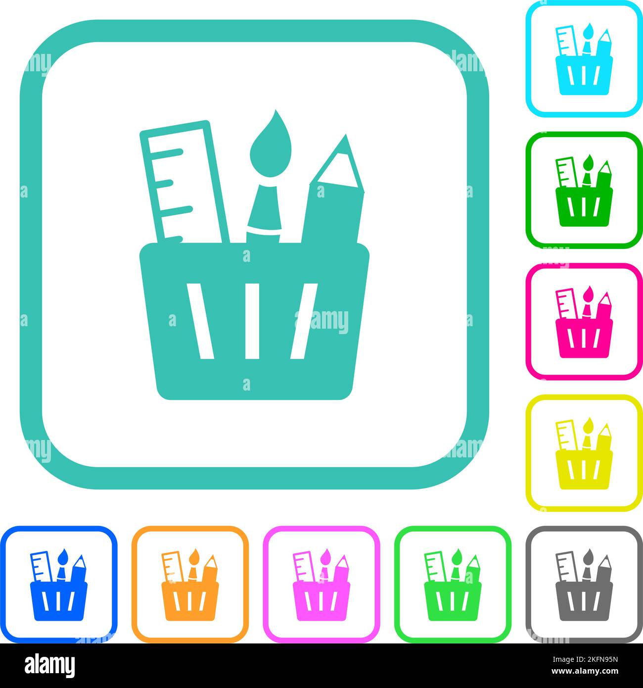 Drawing tools solid vivid colored flat icons in curved borders on white background Stock Vector