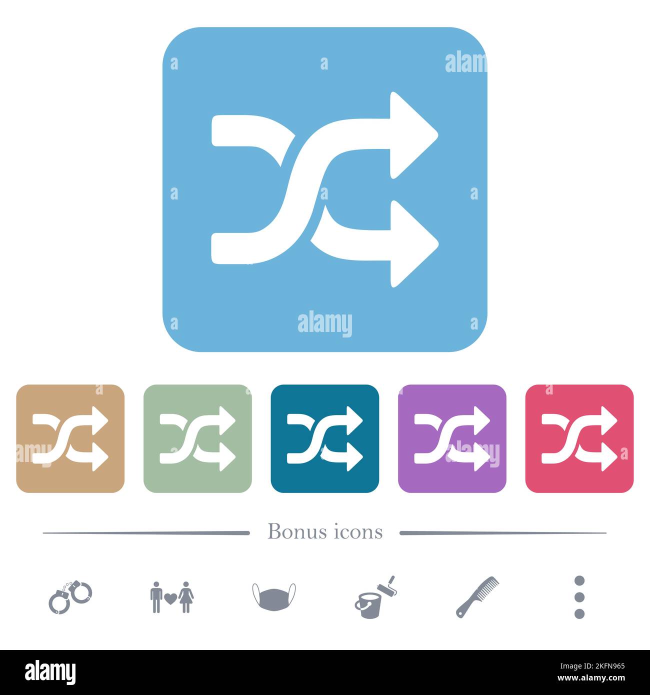 shuffle solid white flat icons on color rounded square backgrounds. 6 bonus icons included Stock Vector