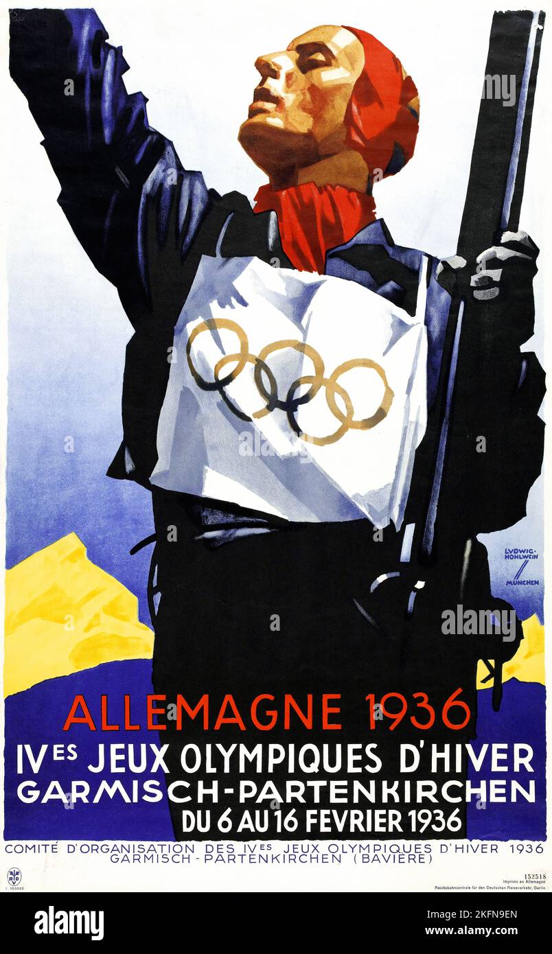 Olympic poster, Germany - Garmen-Partenkirchen 1936 - Ludwig Hohlwein (1874-1949) IVes JEUX OLYMPIQUES D'HIVER, ALLEMAGNE 1936 - German Olympics Stock Photo