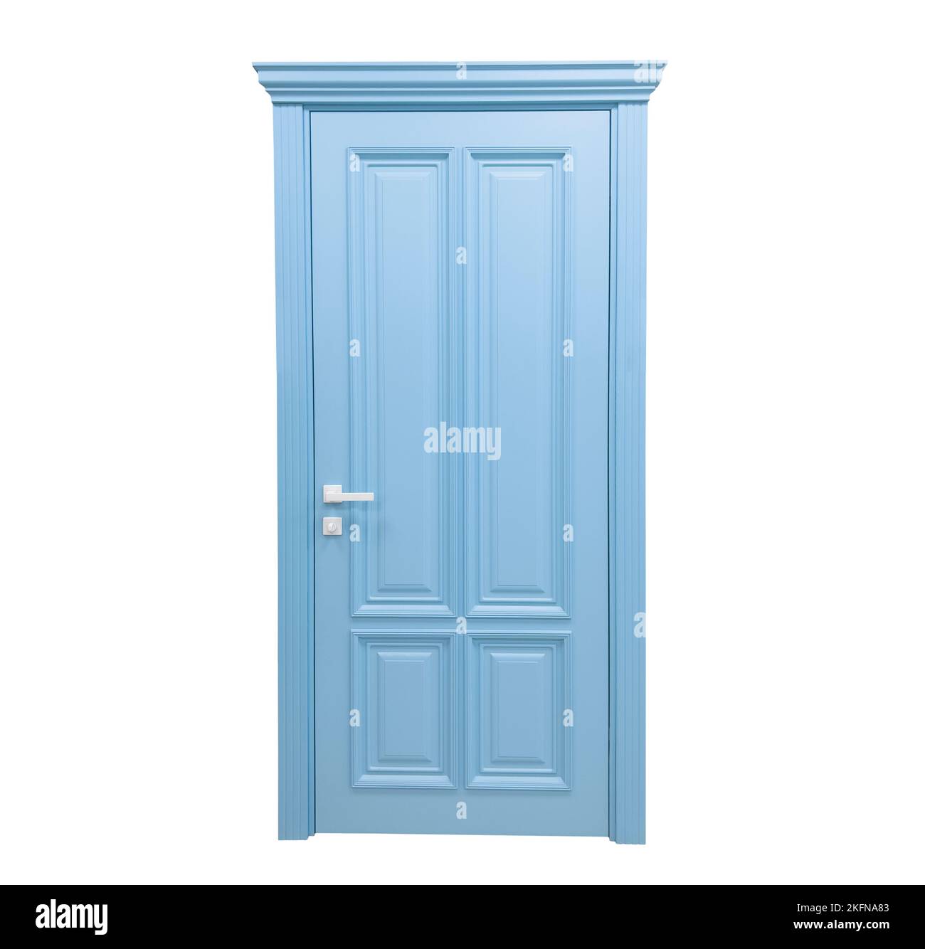 Wooden blue door isolated on white background. Blue interior door