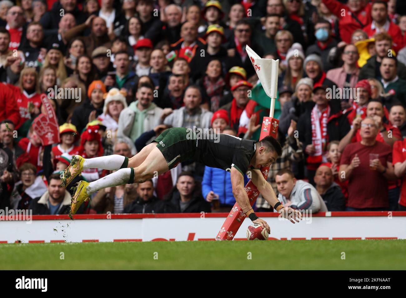 Cardiff, UK. 19th Nov, 2022. Josh Adams of Wales scores a try in 1st half but it is disallowed. Autumn nations series 2022 rugby match, Wales v Georgia at the Principality Stadium in Cardiff on Saturday 19th November 2022. pic by Andrew Orchard/Andrew Orchard sports photography/Alamy Live News Credit: Andrew Orchard sports photography/Alamy Live News Stock Photo