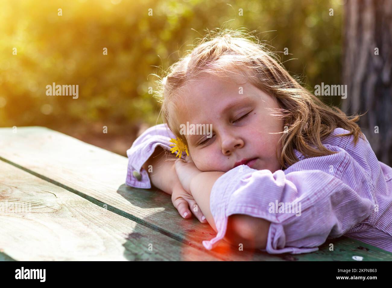 Little girl is resting in the park. Copy space. Happy baby sleeps while walking outdoors. Stock Photo