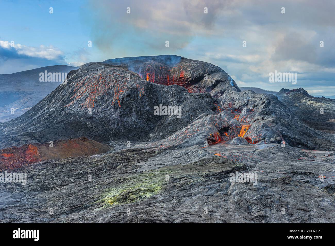Volcanic crater in the day with sunshine. active volcano after eruption