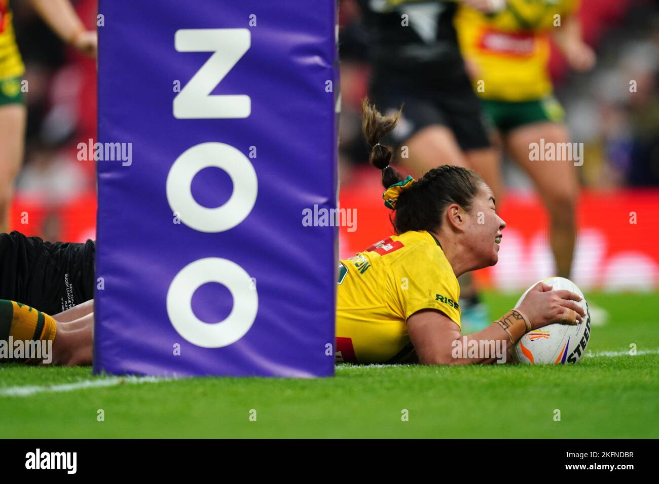 Australia's Kennedy Cherrington scores a try during the Women's Rugby