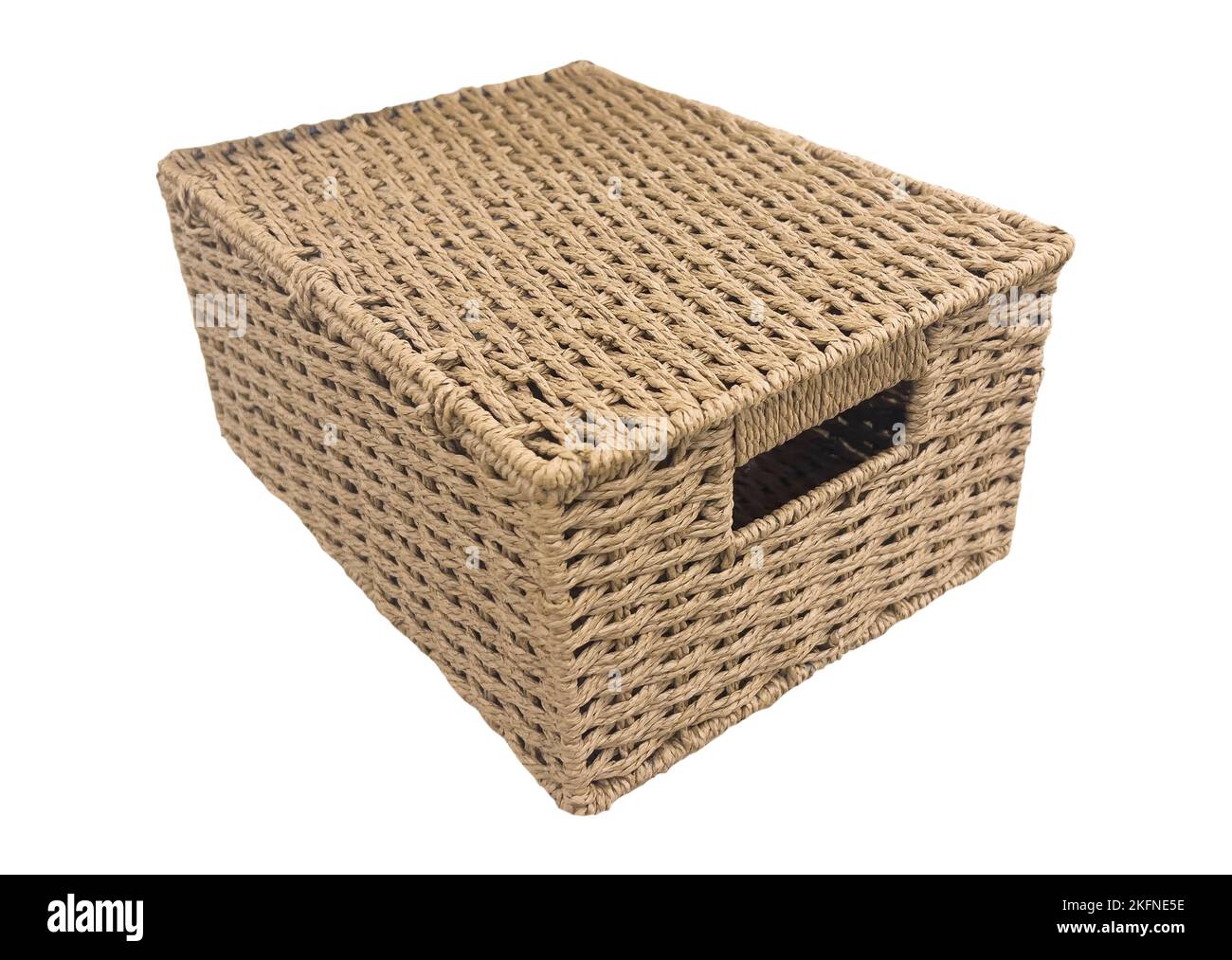 Rattan box with lid isolated on white background. Rattan wicker brown