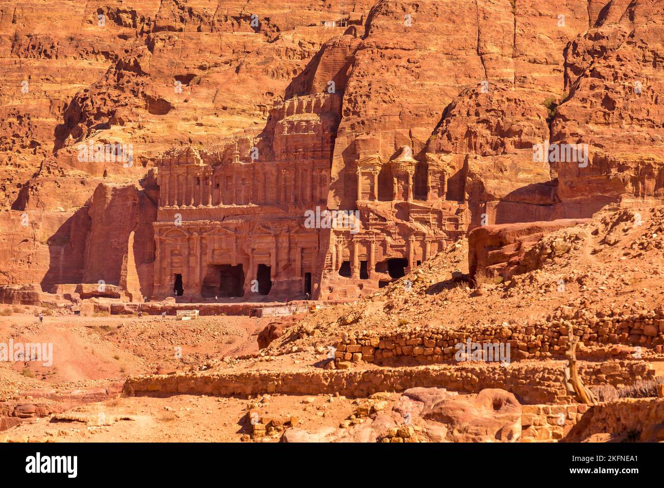 Petra, Jordan Tomb of Unayshu carved in red rock in the ancient city, aerial view Stock Photo