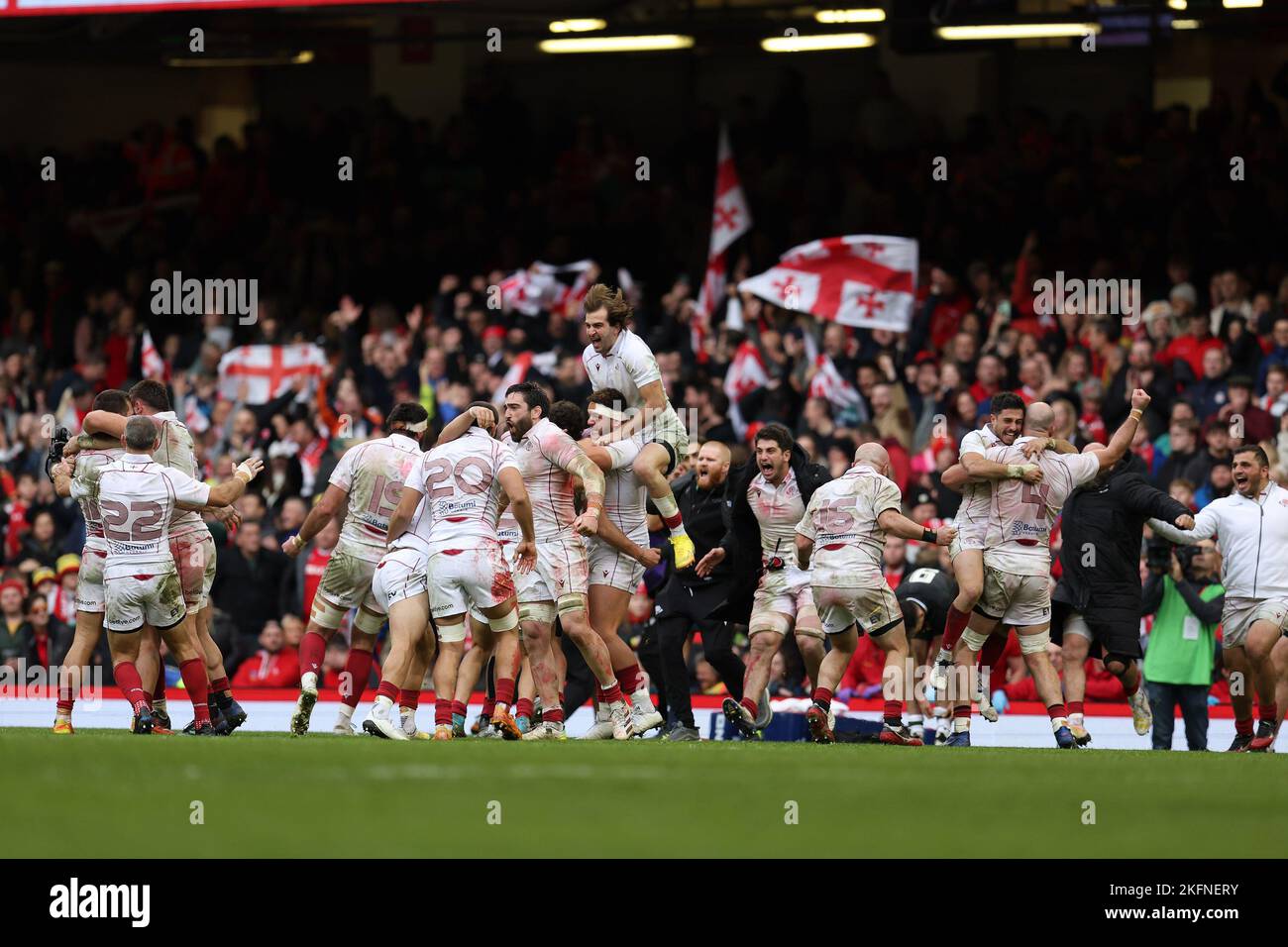 Cardiff, UK. 19th Nov, 2022. Georgia players celebrate their teams win at the final whistle after winning the match 12-13. Autumn nations series 2022 rugby match, Wales v Georgia at the Principality Stadium in Cardiff on Saturday 19th November 2022. pic by Andrew Orchard/Andrew Orchard sports photography/Alamy Live News Credit: Andrew Orchard sports photography/Alamy Live News Stock Photo