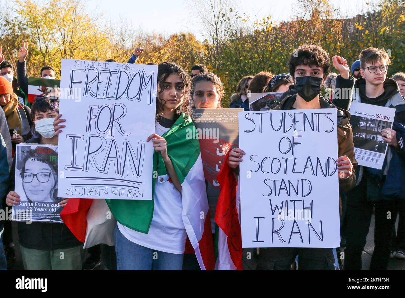 19 Nov 2022. Glasgow, UK. The Iranian Scottish Association Rally (ISA) rally through Glasgow city centre is part of a world wide effort to support the ongoing revolution in Iran and draw attention to the alleged atrocities of Islamic Republic. Three years ago, it is claimed that thousands of Iranians were killed in silence in what has come to be know as 'Bloody November'. Since the uprising in Iran it is alleged that more than 300 civilians have been killed including more than 51 children. The ISA organised this rally to commemorate the victims of the November 2019 Massacre and in support of t Stock Photo