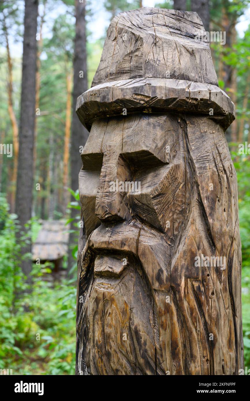 Reconstruction of wooden idol of Yarilo, god of spring with fruit-bearing strength of seed, in the Slavs pantheon Stock Photo