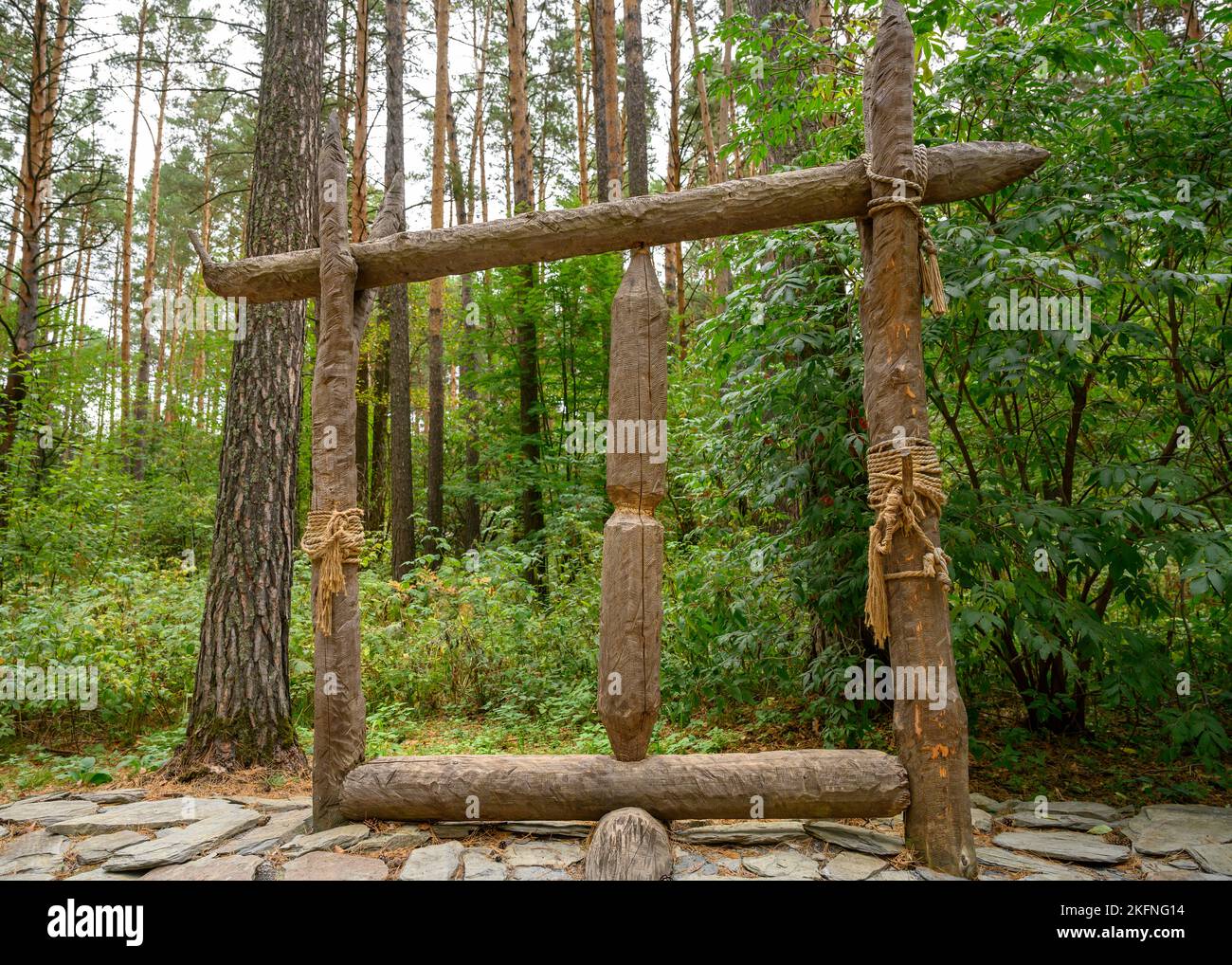 Reconstruction of ancient East Slavic mechanism for obtaining 'Living Fire' during religious rituals Stock Photo
