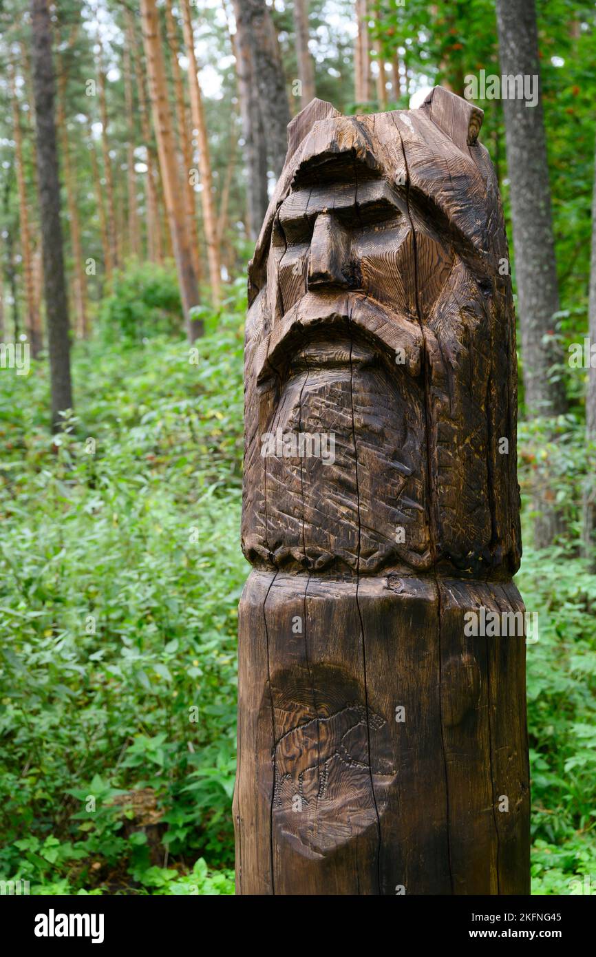 Reconstruction of wooden idol of Veles, god of cattle and Underworld in the Baltic Slavs pantheon, found in 19th century Stock Photo