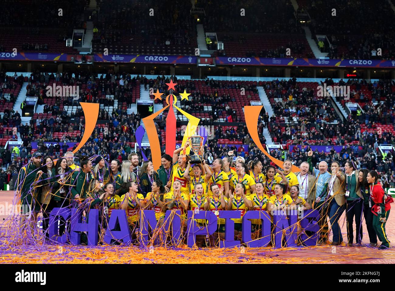 Australia's Samantha Bremner (centre) lifts the trophy with team-mates following victory in the Women's Rugby League World Cup final at Old Trafford, Manchester. Picture date: Saturday November 19, 2022. Stock Photo