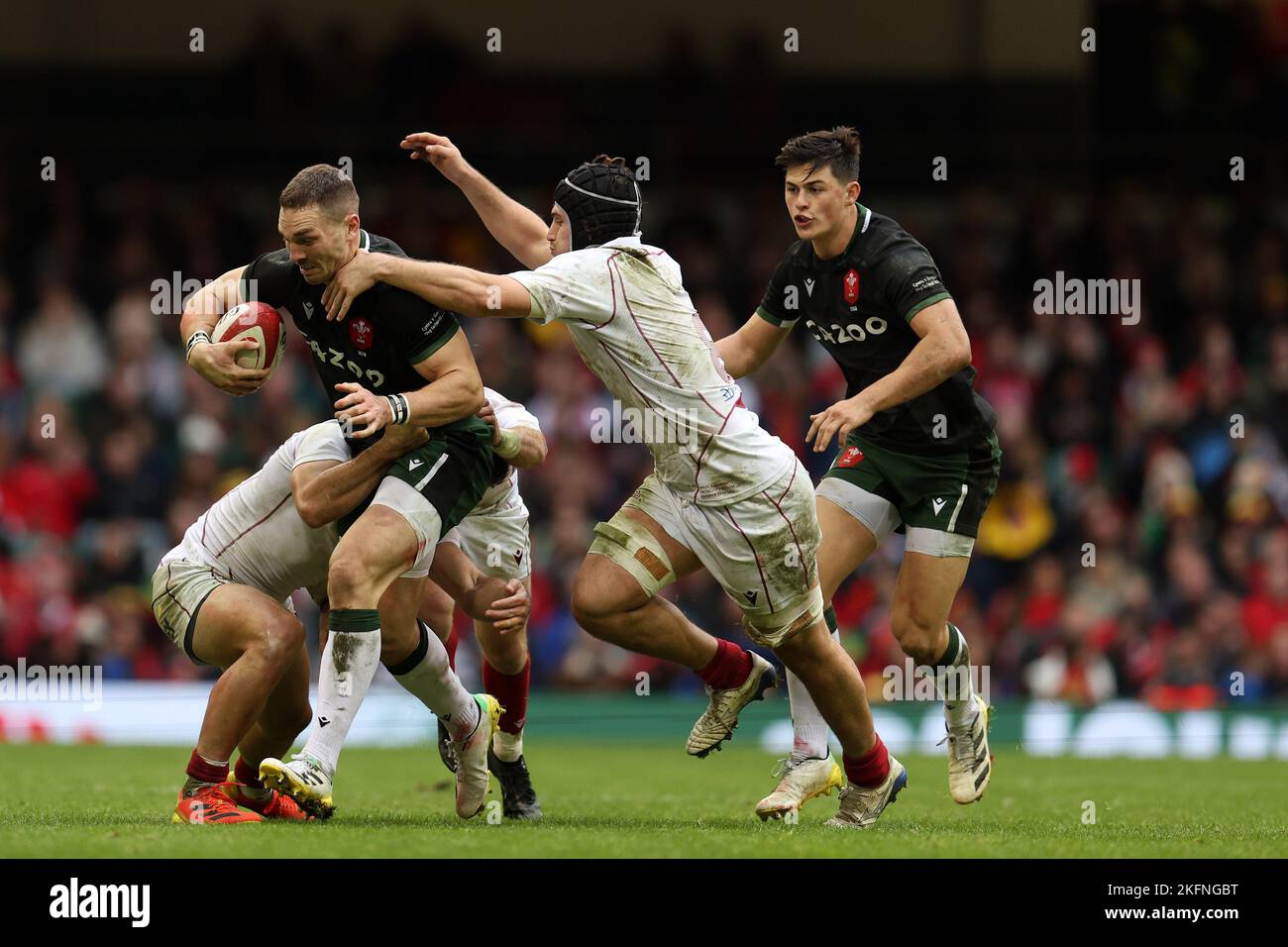 Cardiff, UK. 19th Nov, 2022. George North of Wales is tackled. Autumn nations series 2022 rugby match, Wales v Georgia at the Principality Stadium in Cardiff on Saturday 19th November 2022. pic by Andrew Orchard/Andrew Orchard sports photography/Alamy Live News Credit: Andrew Orchard sports photography/Alamy Live News Stock Photo