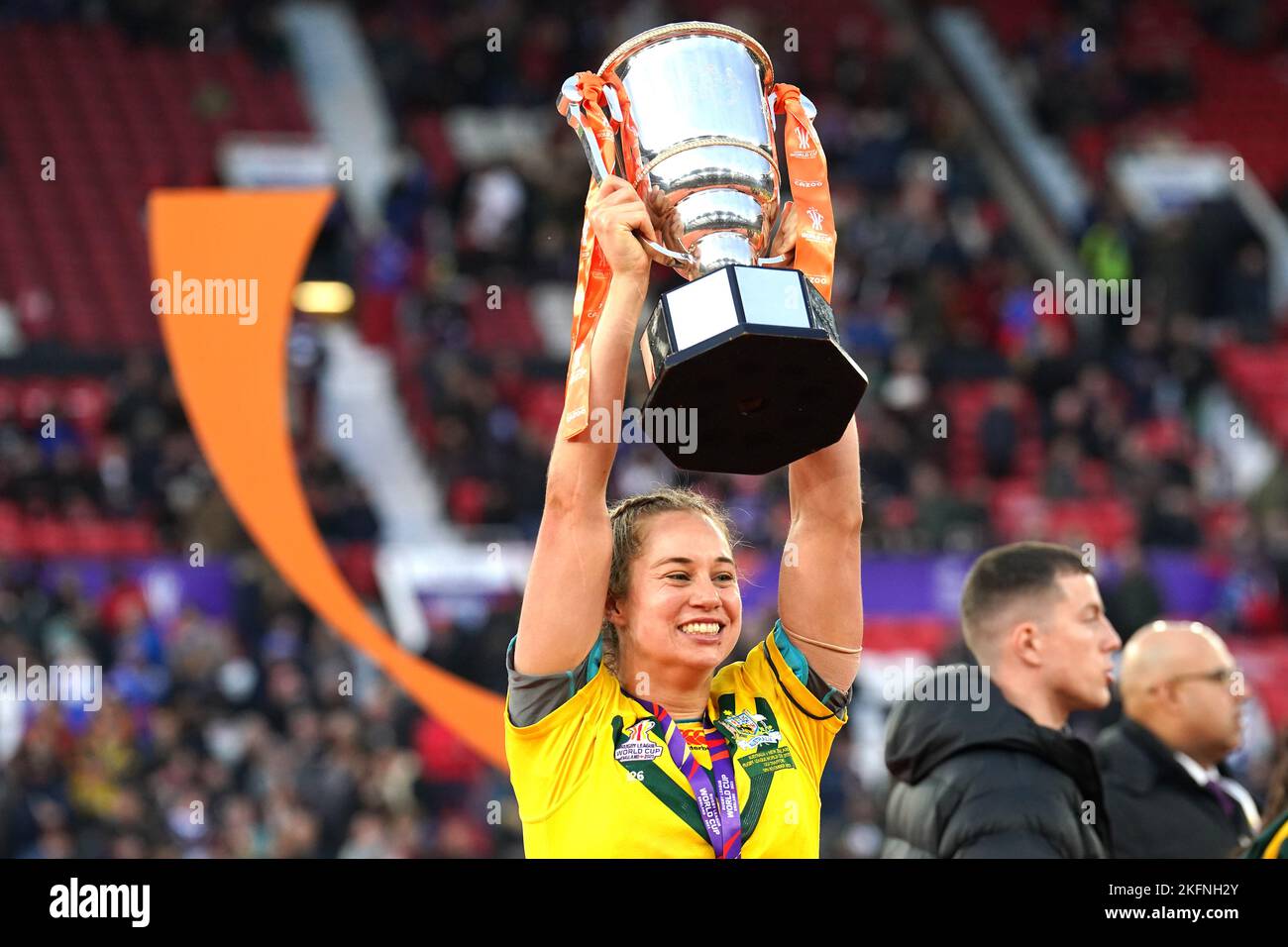 Australia's Kezie Apps lifts the trophy following victory in the Women's Rugby League World Cup final at Old Trafford, Manchester. Picture date: Saturday November 19, 2022. Stock Photo