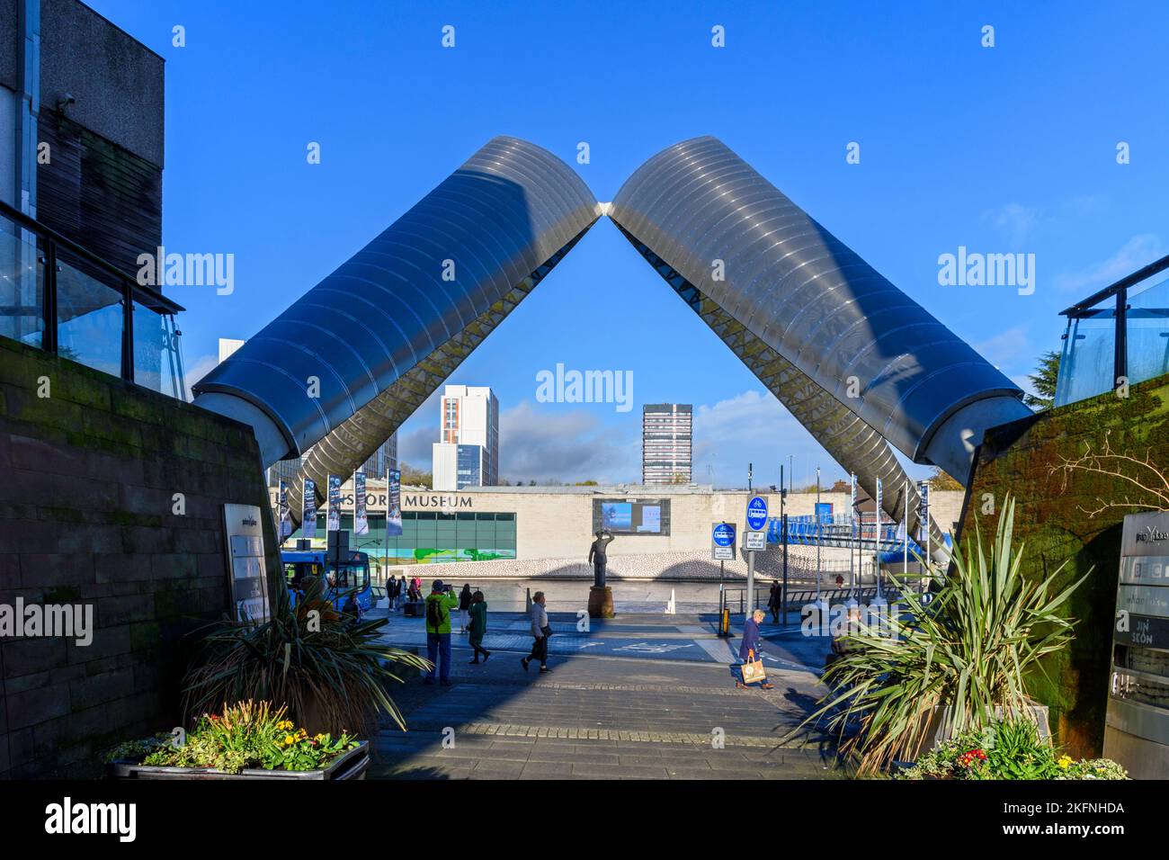 The Whittle Arch sculpture with the Transport Museum behind. Millennium ...