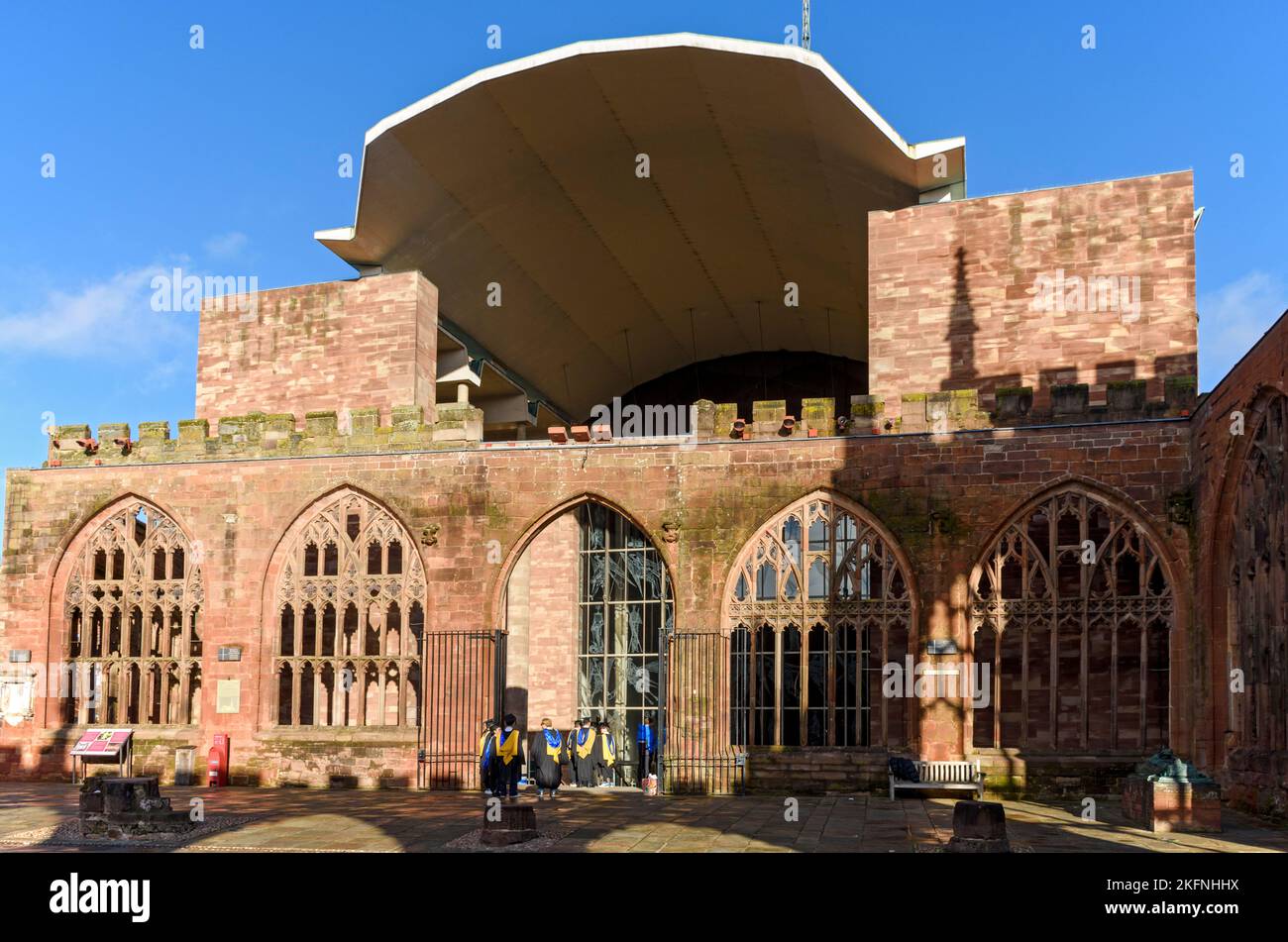 The roof of the entrance porch of Coventry Cathedral from the ruins of the old cathedral.  Coventry, West Midlands, England, UK Stock Photo