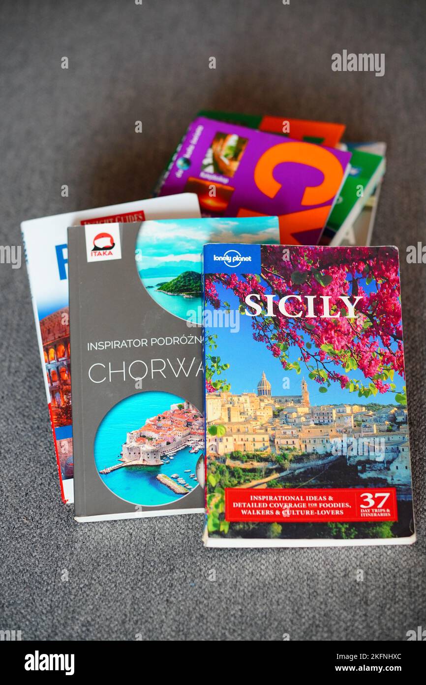A top view of Lonely Planet brand travel guidebook in English about Sicily, Italy Stock Photo