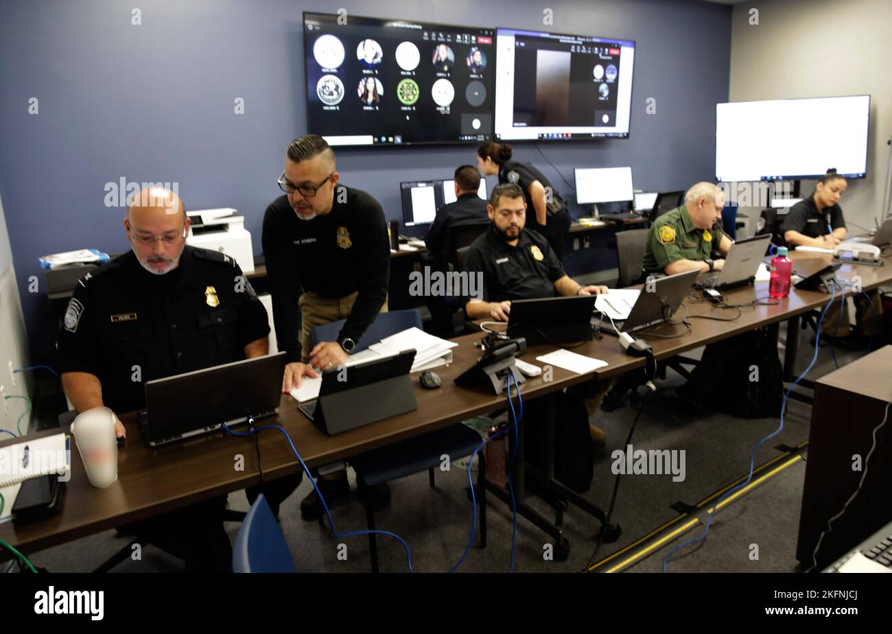 U.S.Customs and Border Protection officers with the Office of Field Operations conduct oversight operations at the Region IV Emergency Operations Center in Doral, Fla., Sept. 29, 2022. CBP photo by Glenn Fawcett Stock Photo