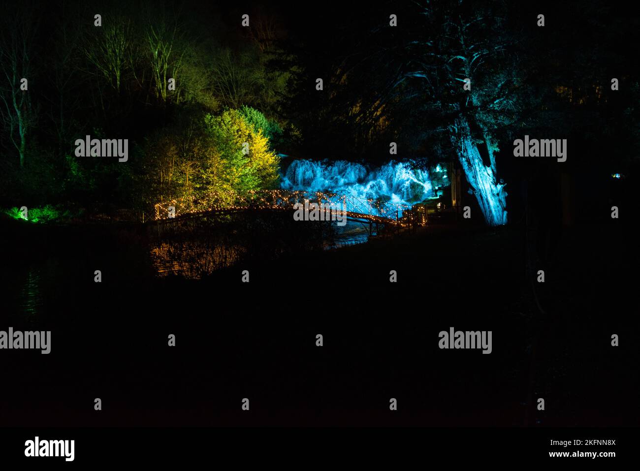 Illuminated Waterfall at the Christmas Lights at Blenheim Palace, 2020