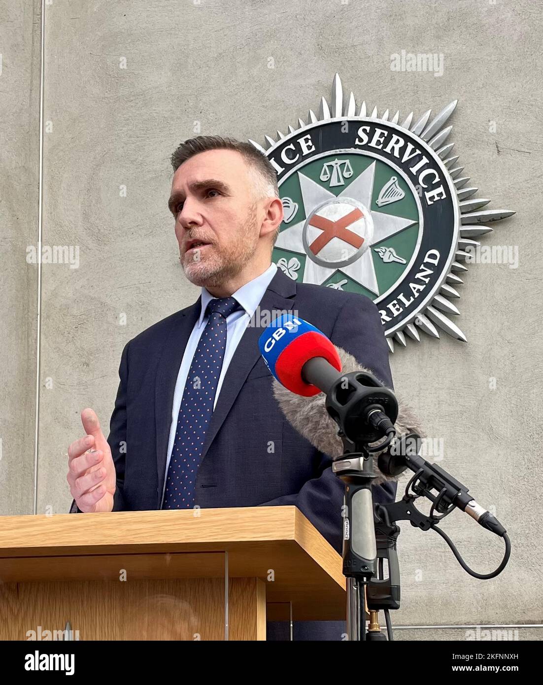 PSNI Detective Chief Superintendent Andy Hill speaking to media at PSNI headquarters in east Belfast outlining a significant police operation against the East Belfast UVF on Friday night into the early hours of Saturday, during which eight firearms, ammunition and three pipe bombs were seized during searches in the lower Newtownards Road area. Picture date: Saturday November 19, 2022. Stock Photo