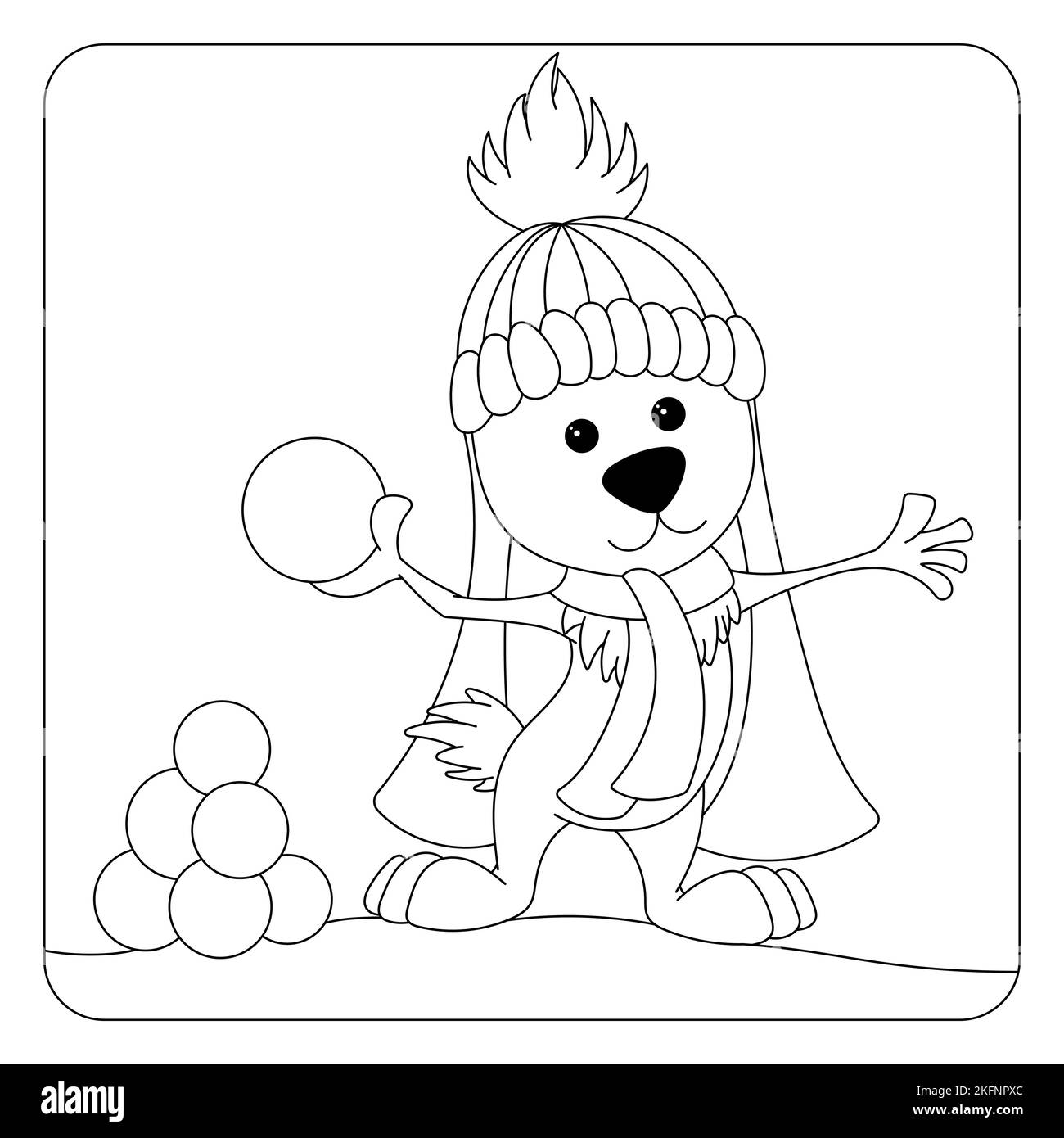 Rabbit with snow balls coloring page. Isolated on white background