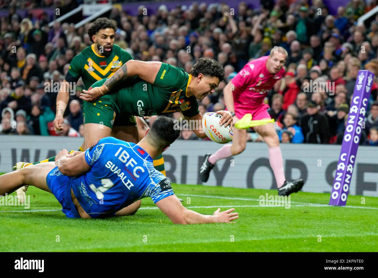 Manchester, UK. 18th Nov, 2022. Latrell Mitchell (South Sydney Rabbitohs) of Australia (8) scores the opening try during the 2021 Rugby League World Cup Final 2021 match between Australia and Samoa at Old Trafford, Manchester, England on 19 November 2022. Photo by David Horn. Credit: PRiME Media Images/Alamy Live News Stock Photo