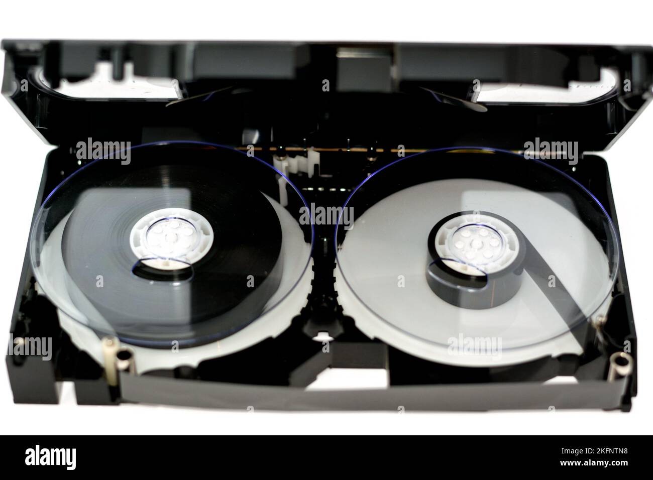 VHS video cassette tape from inside with the front casing removed