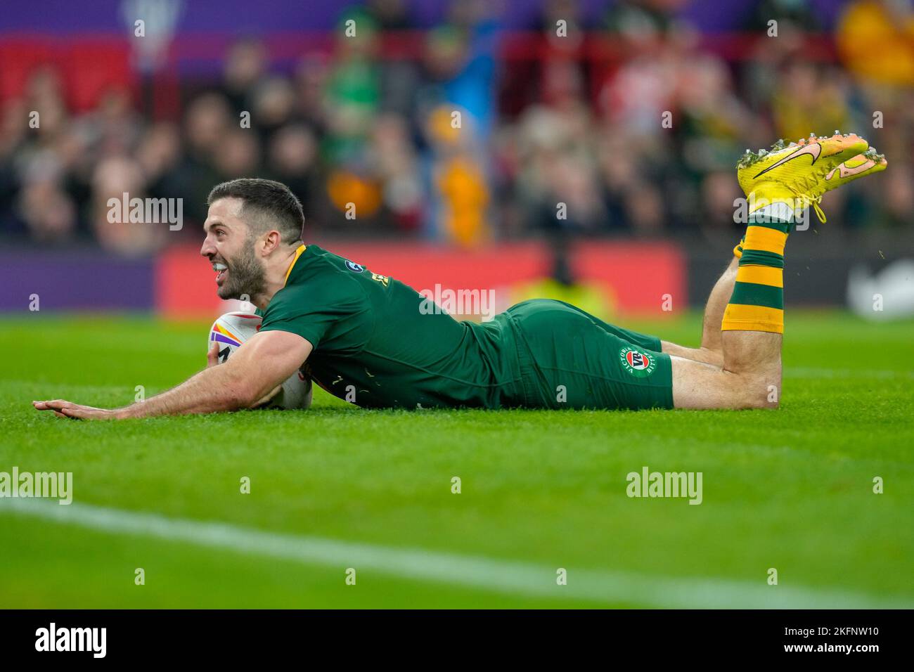 Manchester, UK. 18th Nov, 2022. James Tedesco (C) (Sydney Roosters) of Australia (1) scores his team's second try during the 2021 Rugby League World Cup Final 2021 match between Australia and Samoa at Old Trafford, Manchester, England on 19 November 2022. Photo by David Horn. Credit: PRiME Media Images/Alamy Live News Stock Photo