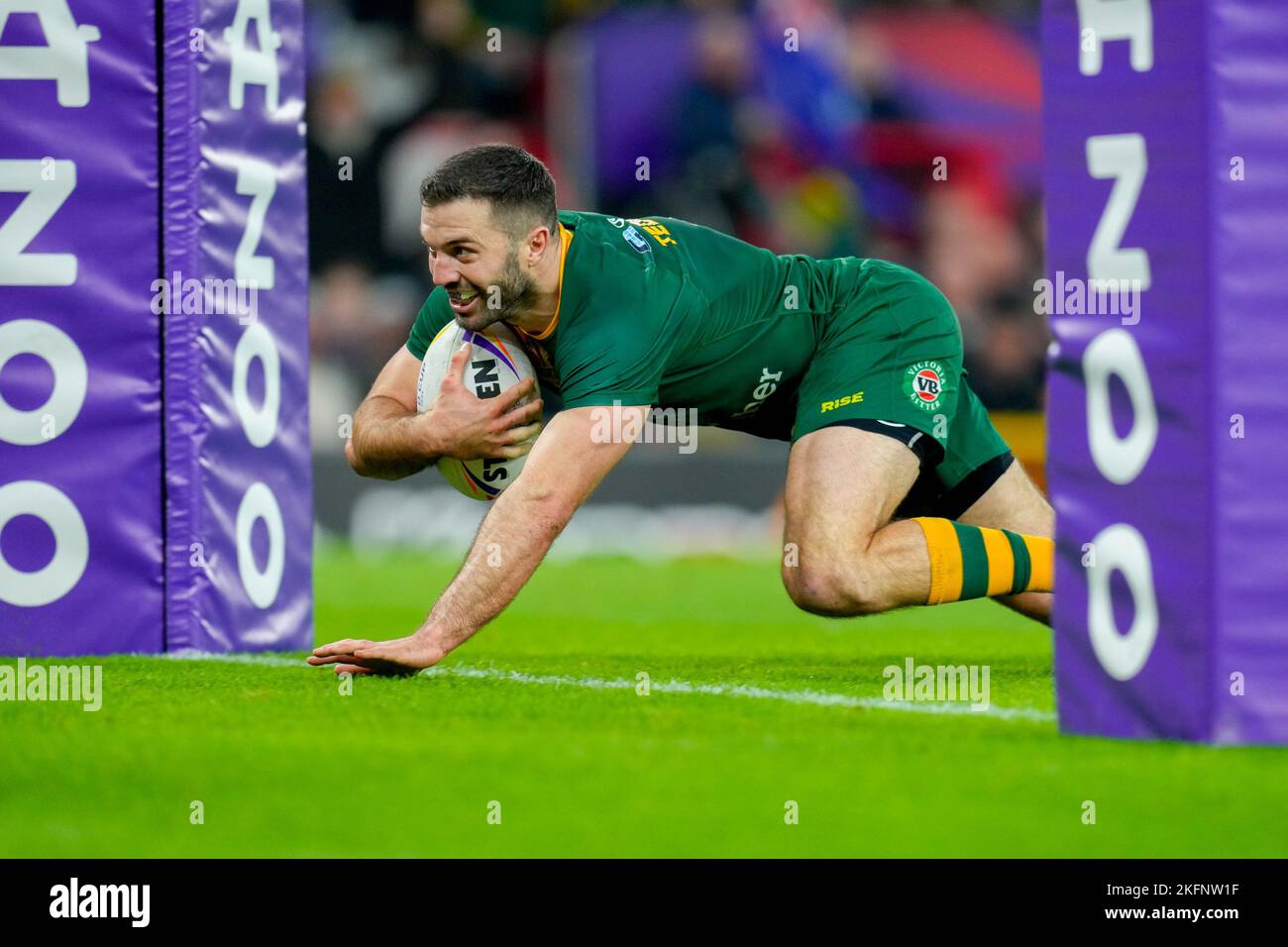 Manchester, UK. 18th Nov, 2022. James Tedesco (C) (Sydney Roosters) of Australia (1) scores his team's second try during the 2021 Rugby League World Cup Final 2021 match between Australia and Samoa at Old Trafford, Manchester, England on 19 November 2022. Photo by David Horn. Credit: PRiME Media Images/Alamy Live News Stock Photo