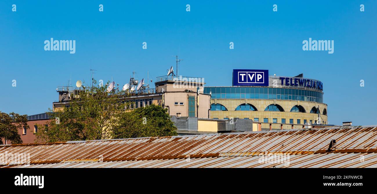 Warsaw, Poland - June 26, 2022: Polish state Public Television headquarter complex at Woronicza street over roofs of Mokotow district of Warsaw Stock Photo