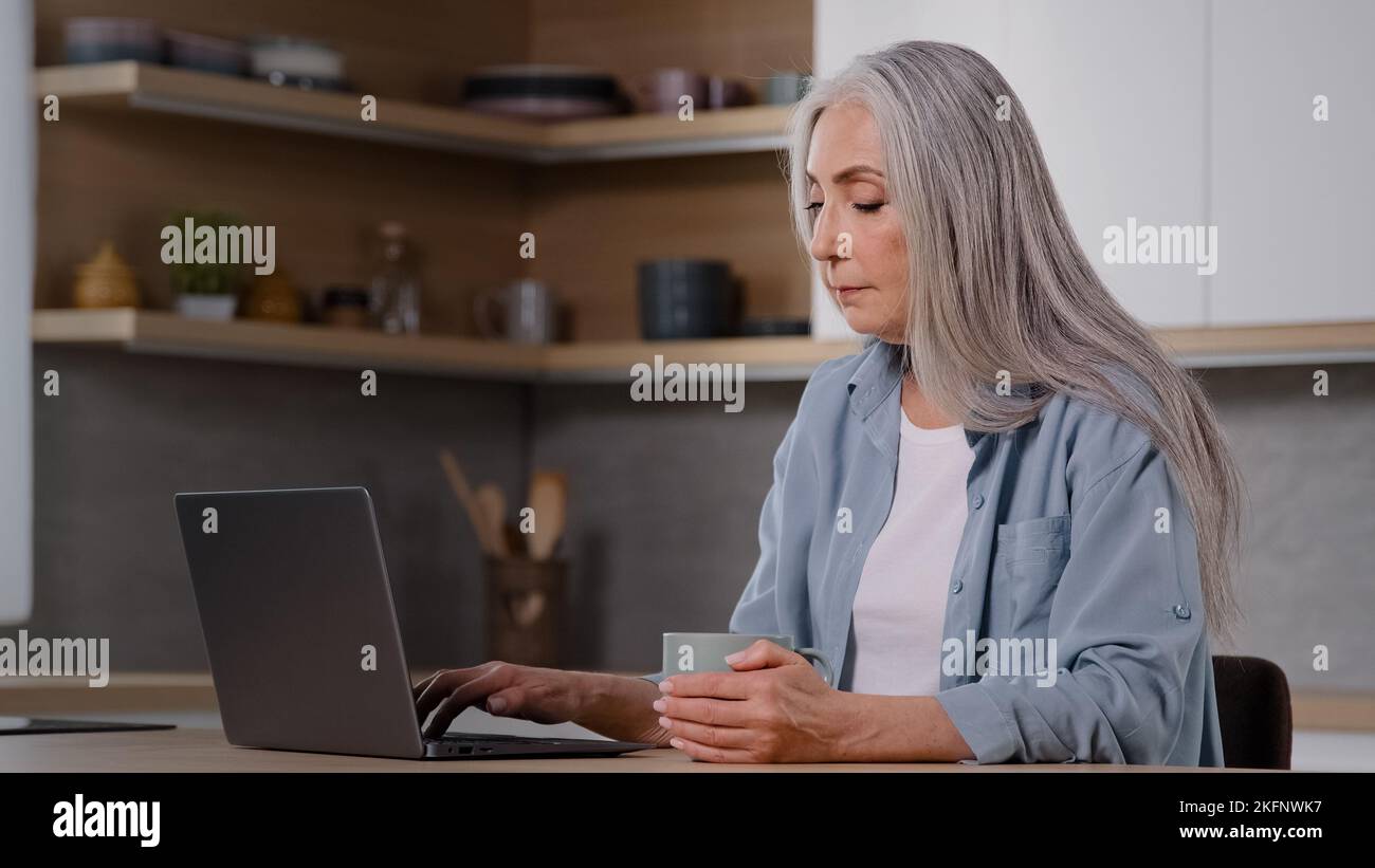 Caucasian businesswoman housewife senior freelancer mature lady sitting at home kitchen holds cup of tea or hot coffee in hands keeps warm works on Stock Photo