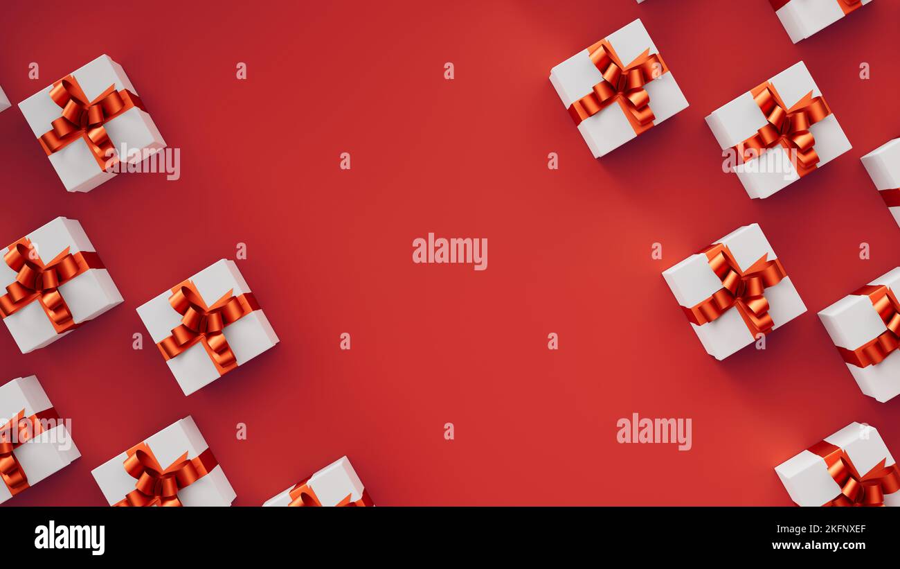 New Year white gift boxes with red ribbon on red background in perfect
