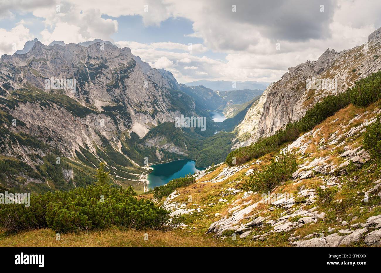 landscape with Gosausee lake in the mountain valley, Gosauseen lakes in the Dachstein Mountains in the Alps in Austria Stock Photo