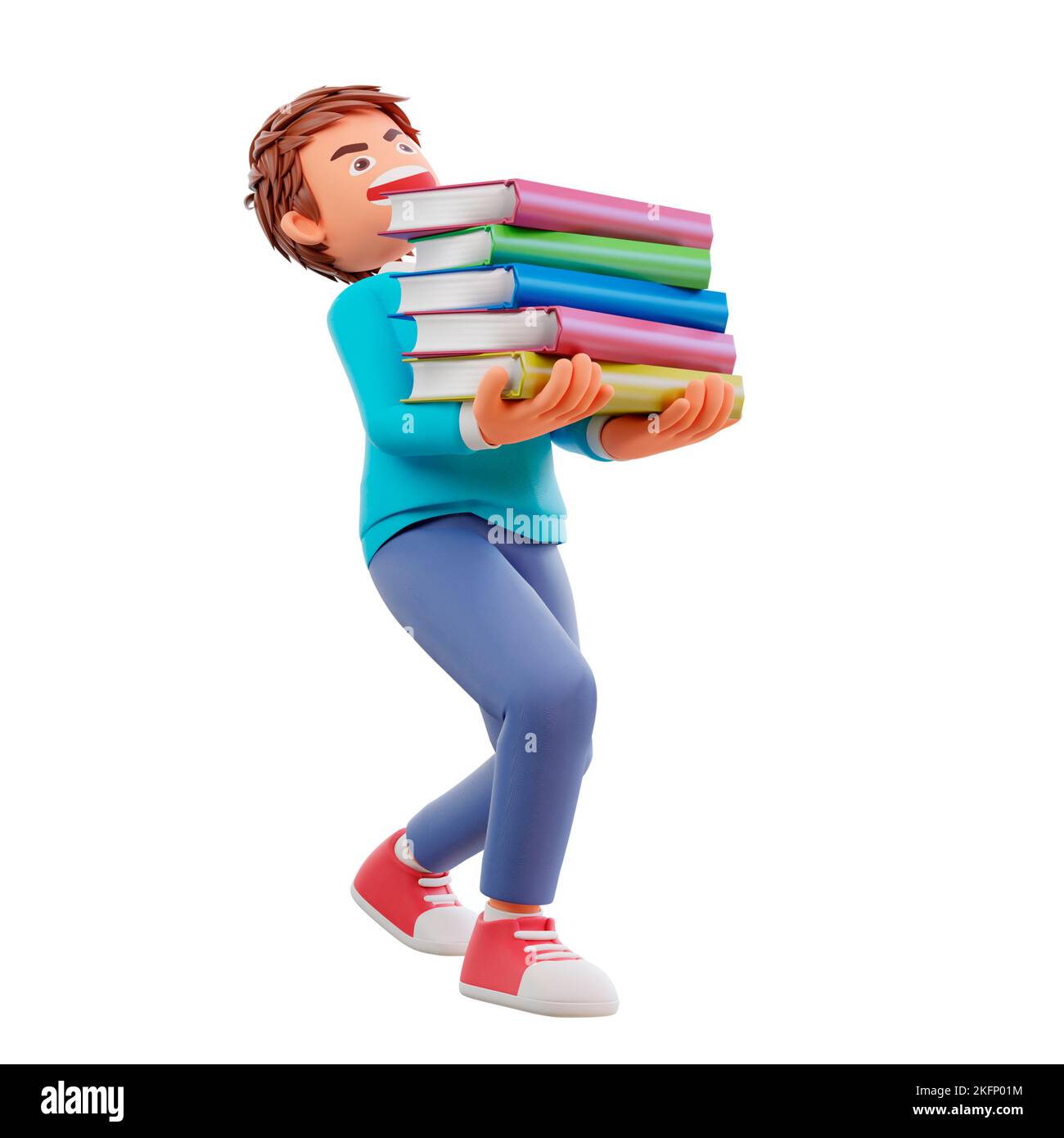 A 3Drendered cartoon boy carrying many books on a white background