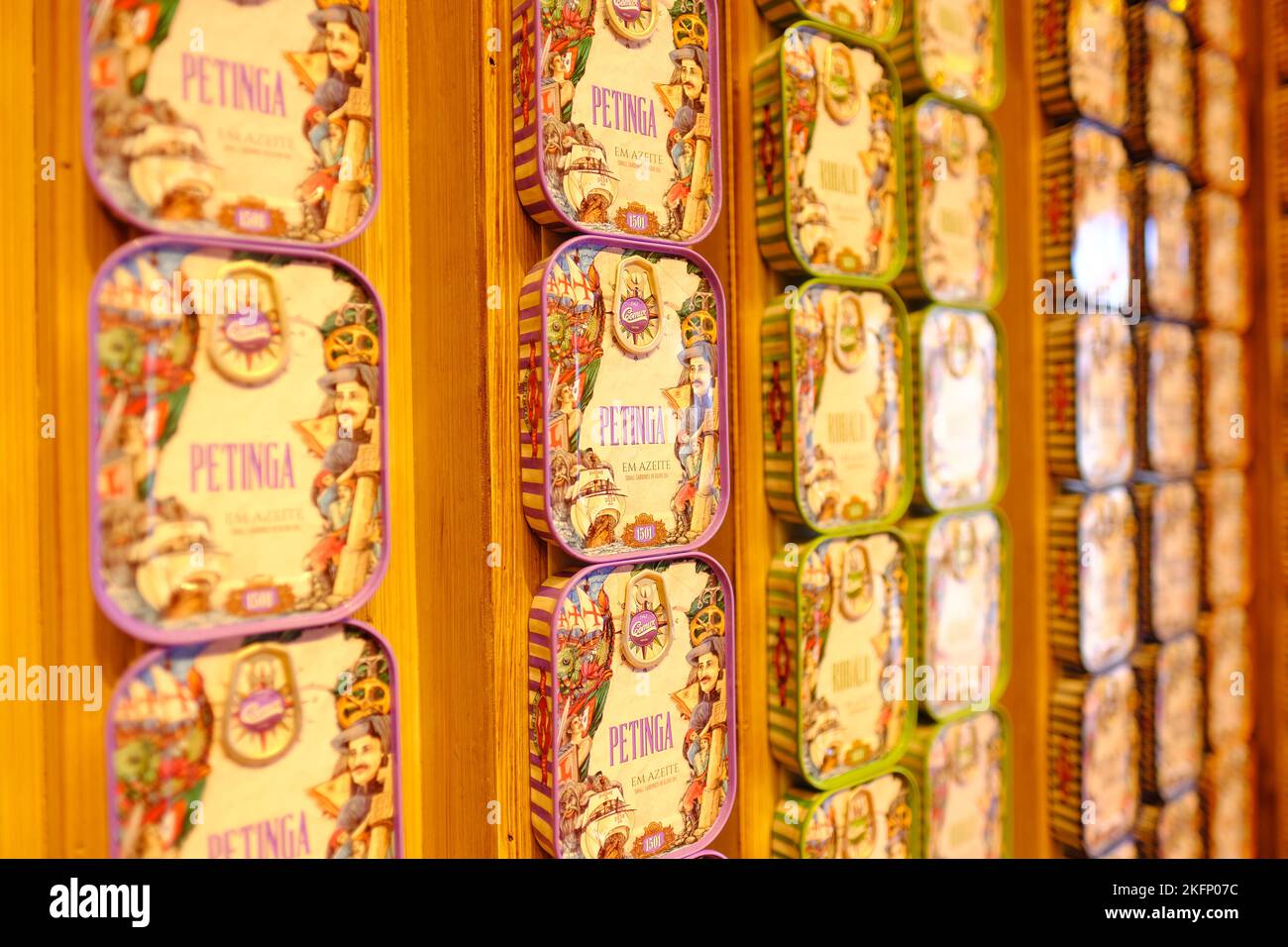 Porto Portugal - local food rows of tinned Petinga sardines on sale in tourist sovenir shop Stock Photo